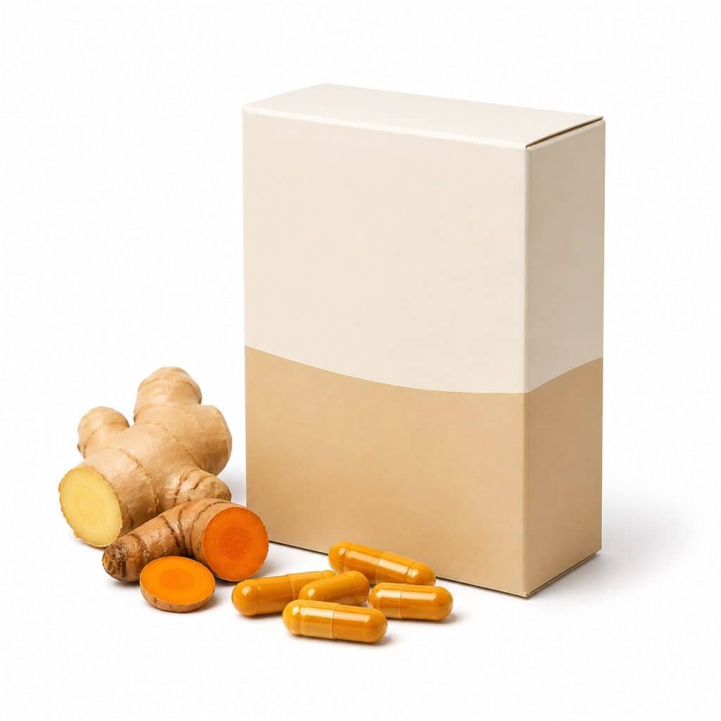 Boîte de gélules de curcuma et gingembre présentée seule