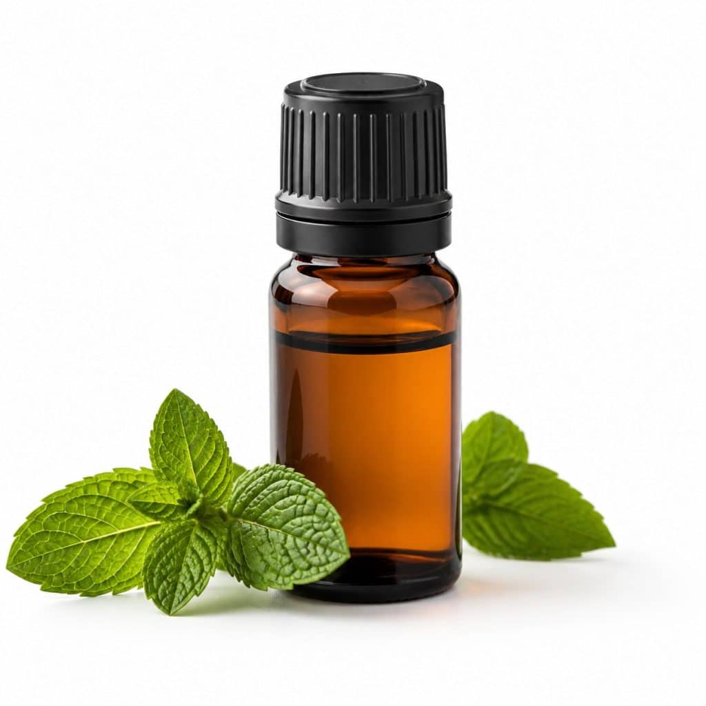 Flacon d'huile essentielle de menthe poivrée présenté seul