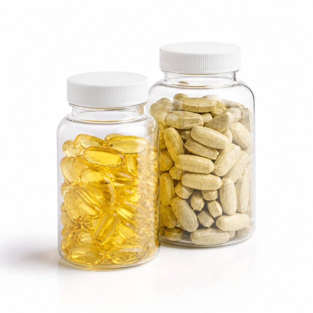 capsules de complément alimentaire oméga-3 et multivitamines présenté seul