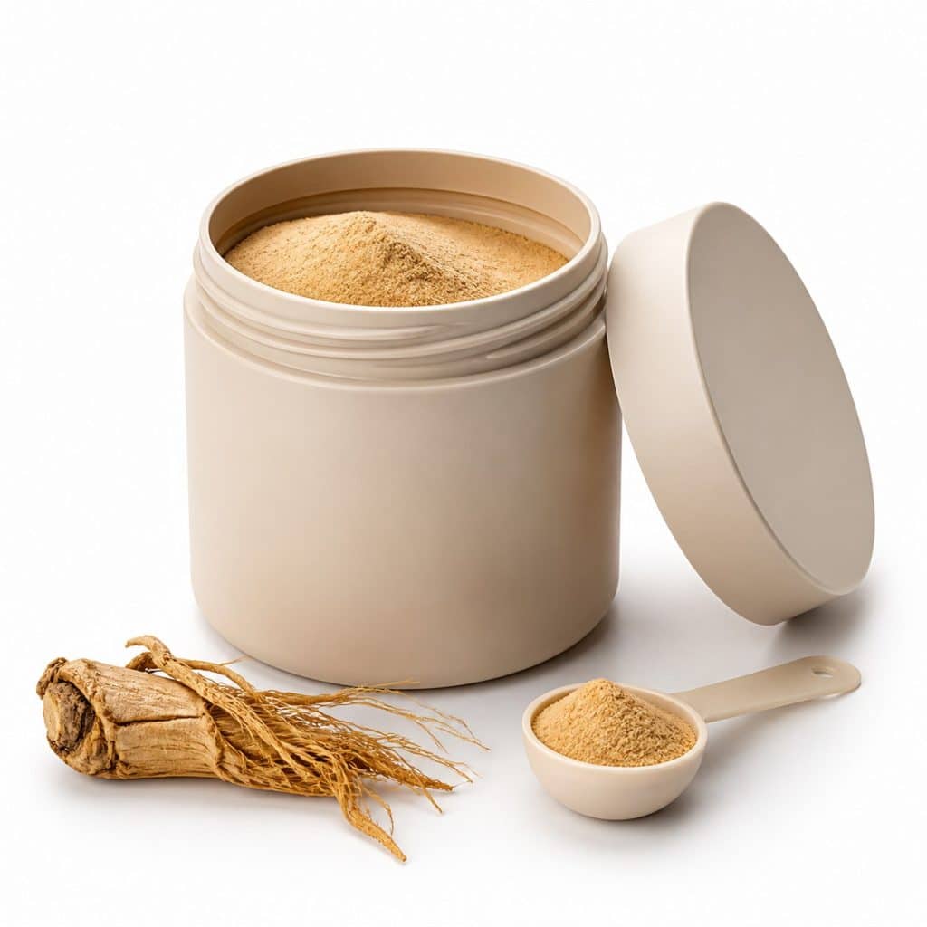 pot de poudre de racine de ginseng avec cuillère doseuse présenté seul