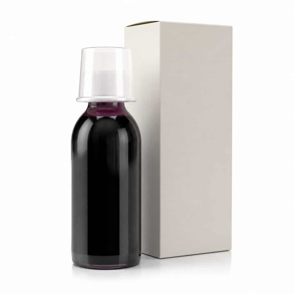 flacon de sirop de sureau noir avec bouchon doseur présenté seul